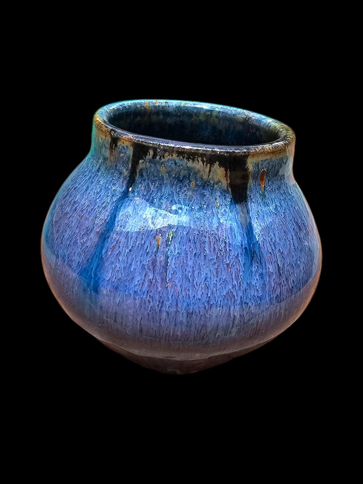 Stoneware round Jar: Signed Pottery Vase, Drippy Purple Black Art