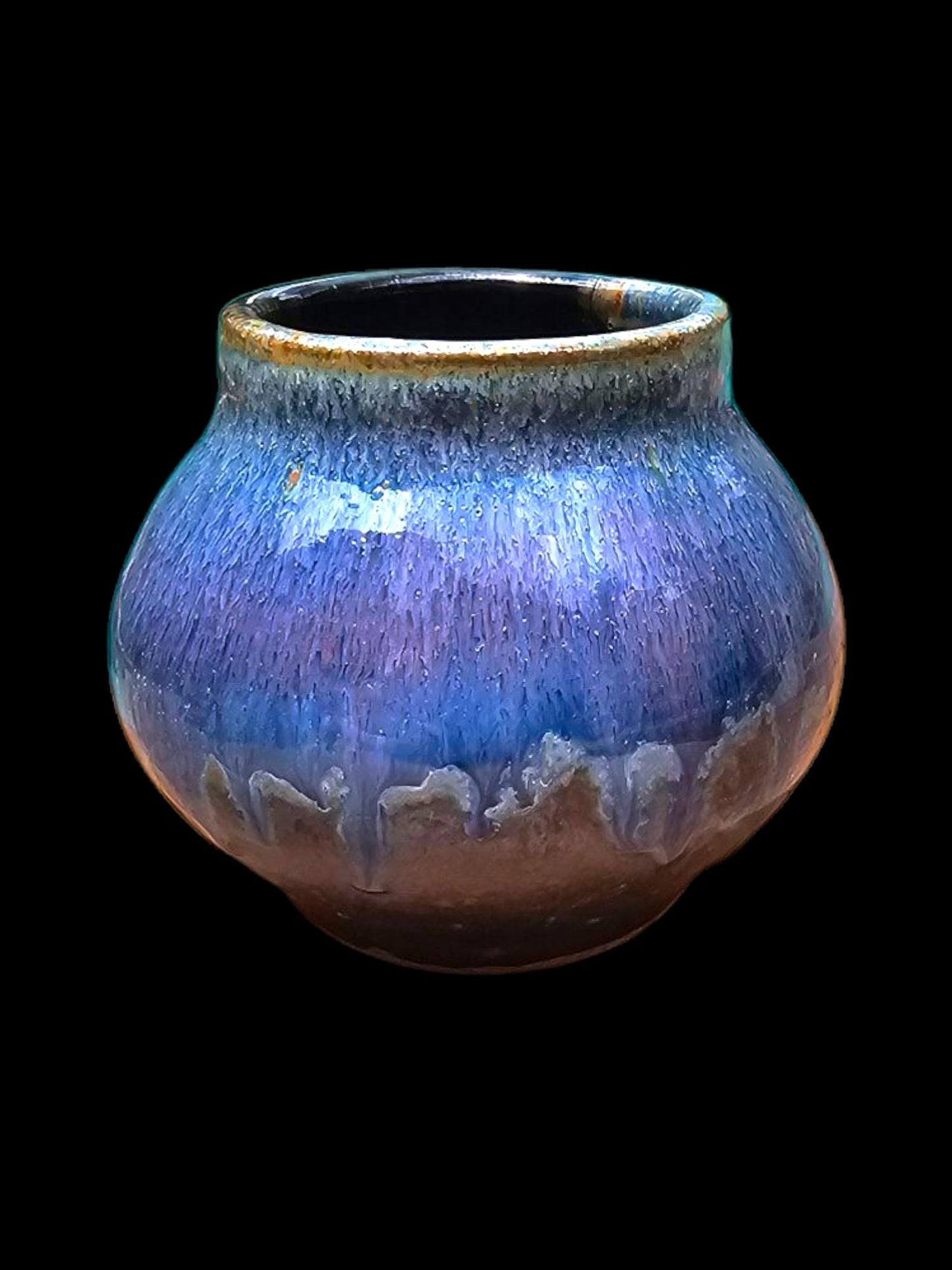 Stoneware round Jar: Signed Pottery Vase, Drippy Purple Black Art