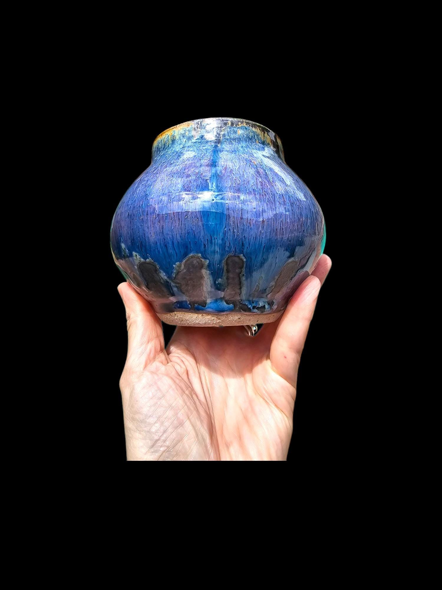 Stoneware round Jar: Signed Pottery Vase, Drippy Purple Black Art