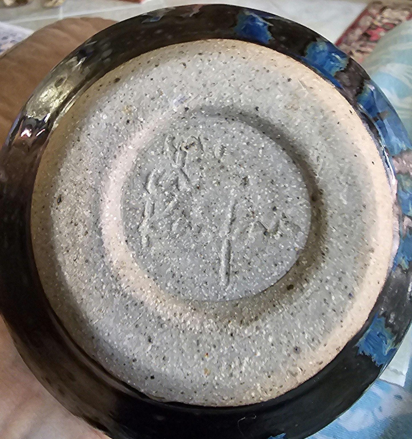 Stoneware round Jar: Signed Pottery Vase, Drippy Purple Black Art