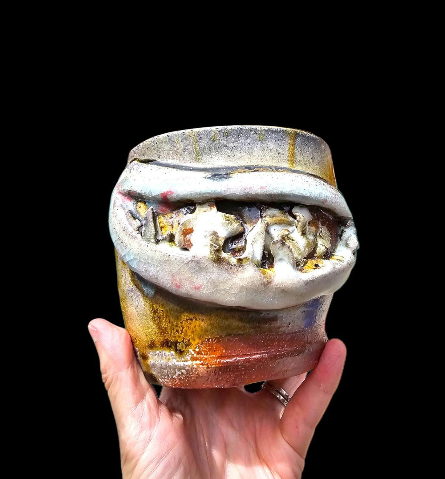 Soda Fired Ceramic Vase: Signed Teadust Bowl, Sculptural Art avant garde toothy Grin sinister smile - As seen in The Unapparent Magazine