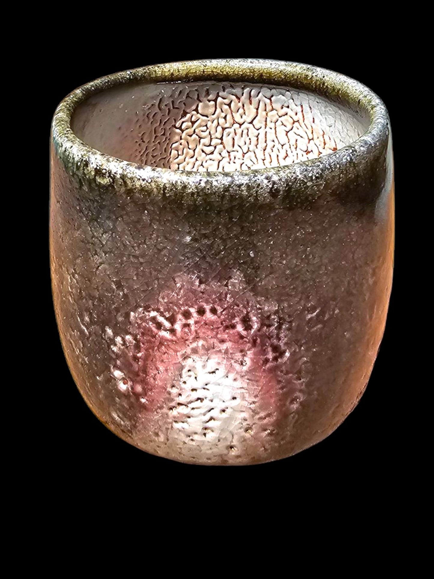 Handmade Soda Fired Shino Cup: Green Mossy Ceramic Pottery (8 oz) Flashing