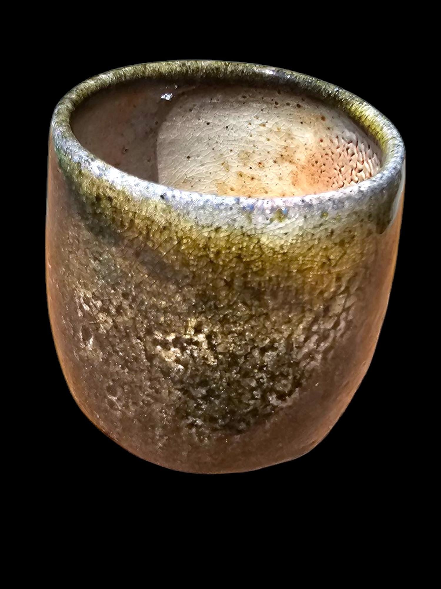 Handmade Soda Fired Shino Cup: Green Mossy Ceramic Pottery (8 oz) Flashing