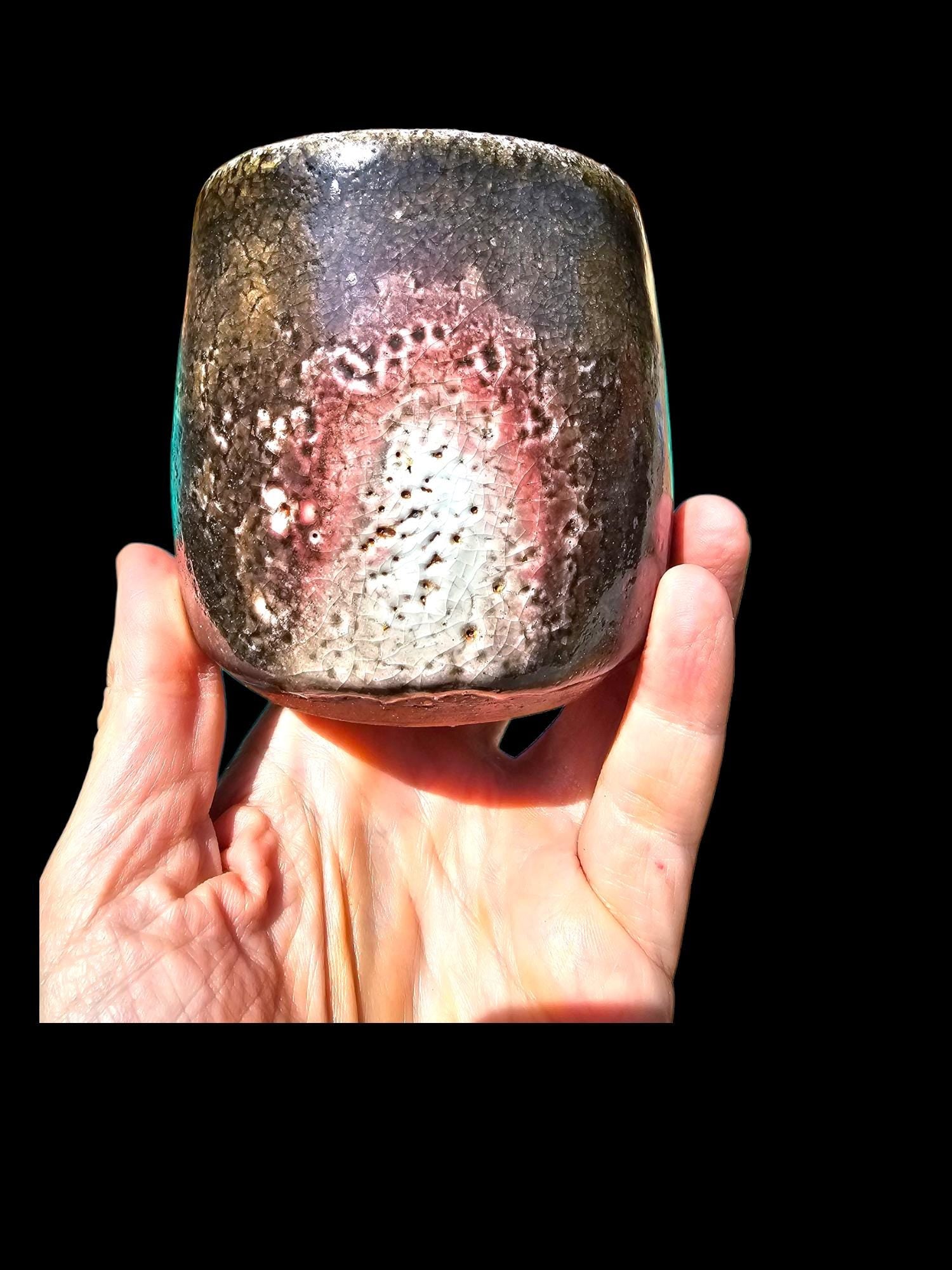 Handmade Soda Fired Shino Cup: Green Mossy Ceramic Pottery (8 oz) Flashing