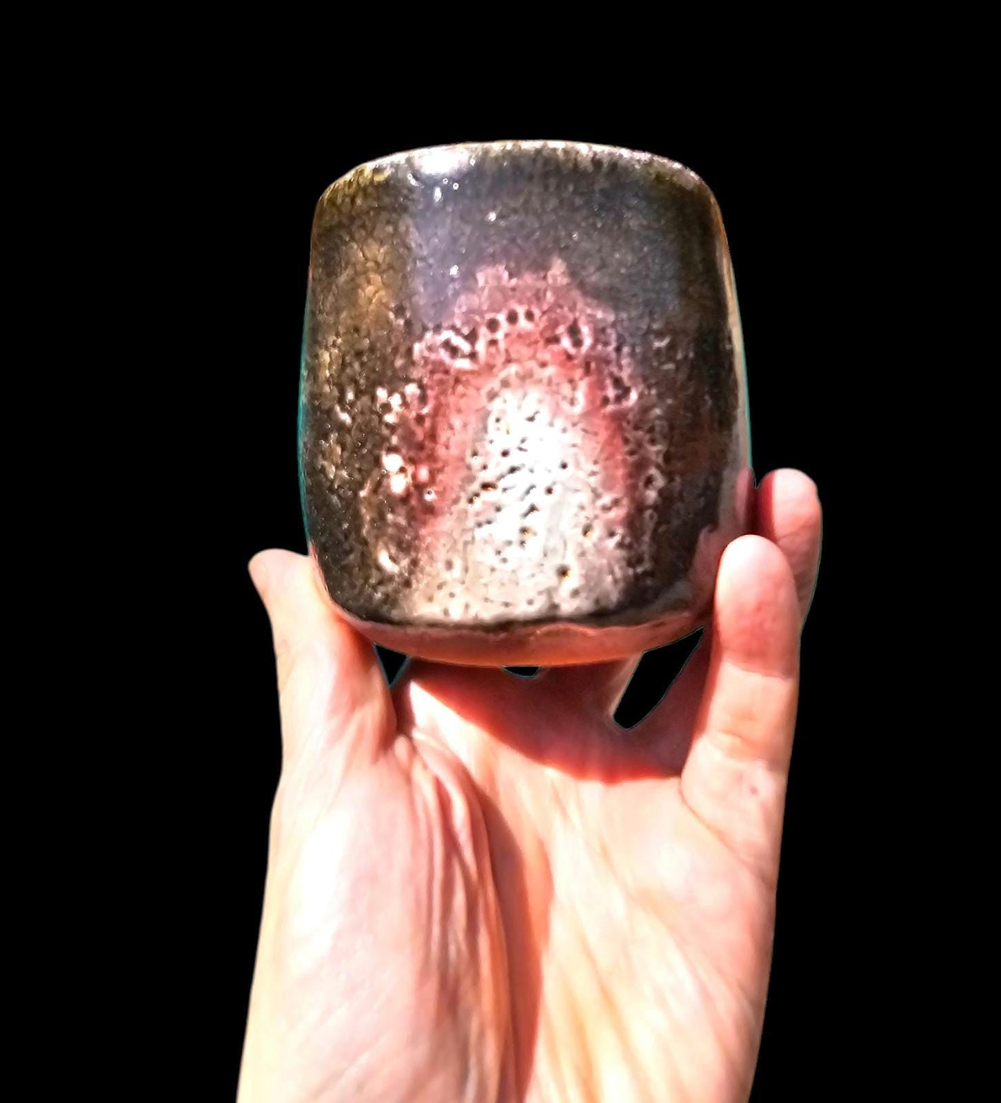 Handmade Soda Fired Shino Cup: Green Mossy Ceramic Pottery (8 oz) Flashing