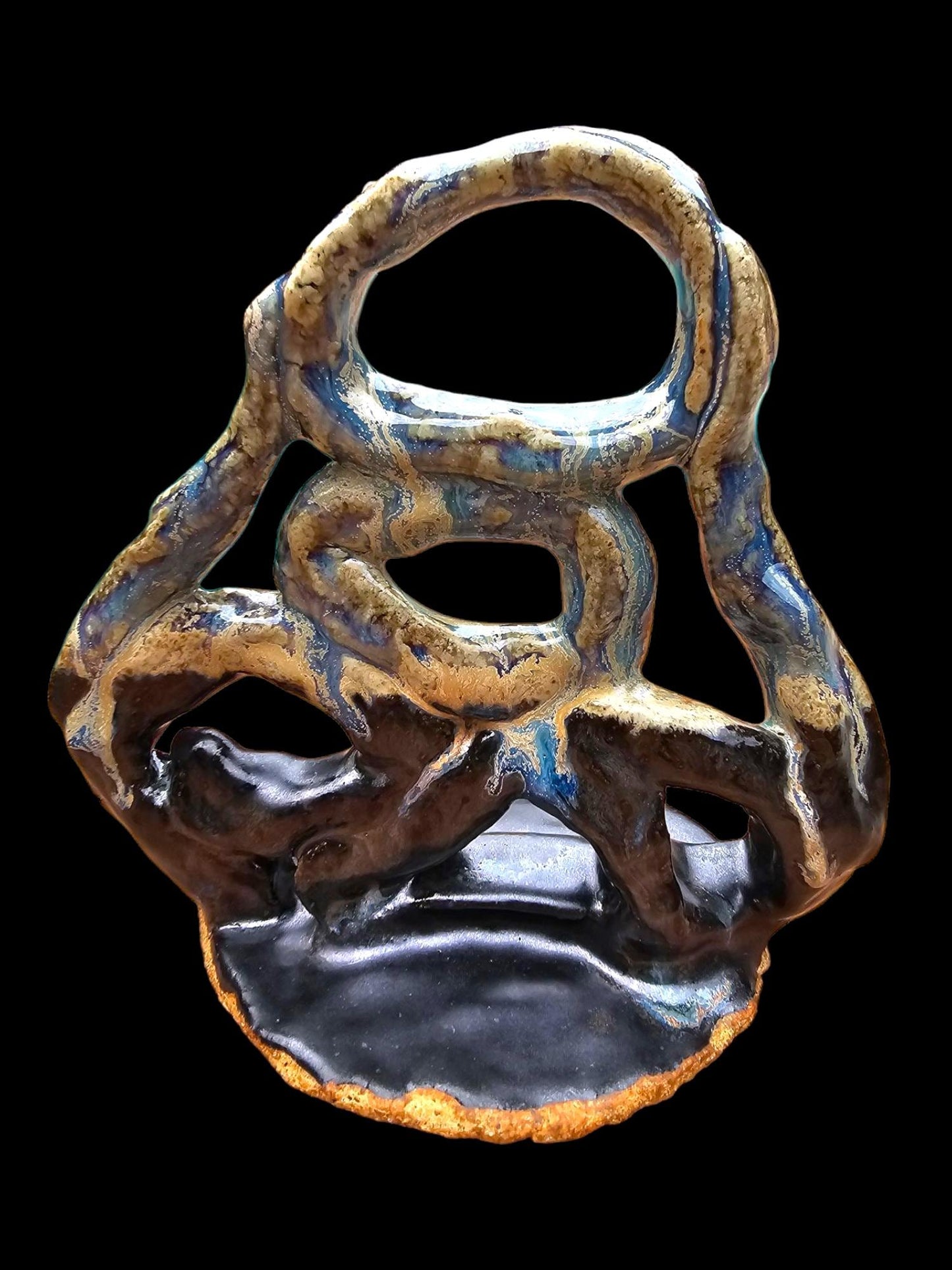 Stoneware Sculpture: Abstract Ceramic Centerpiece, Blue & Black Glaze