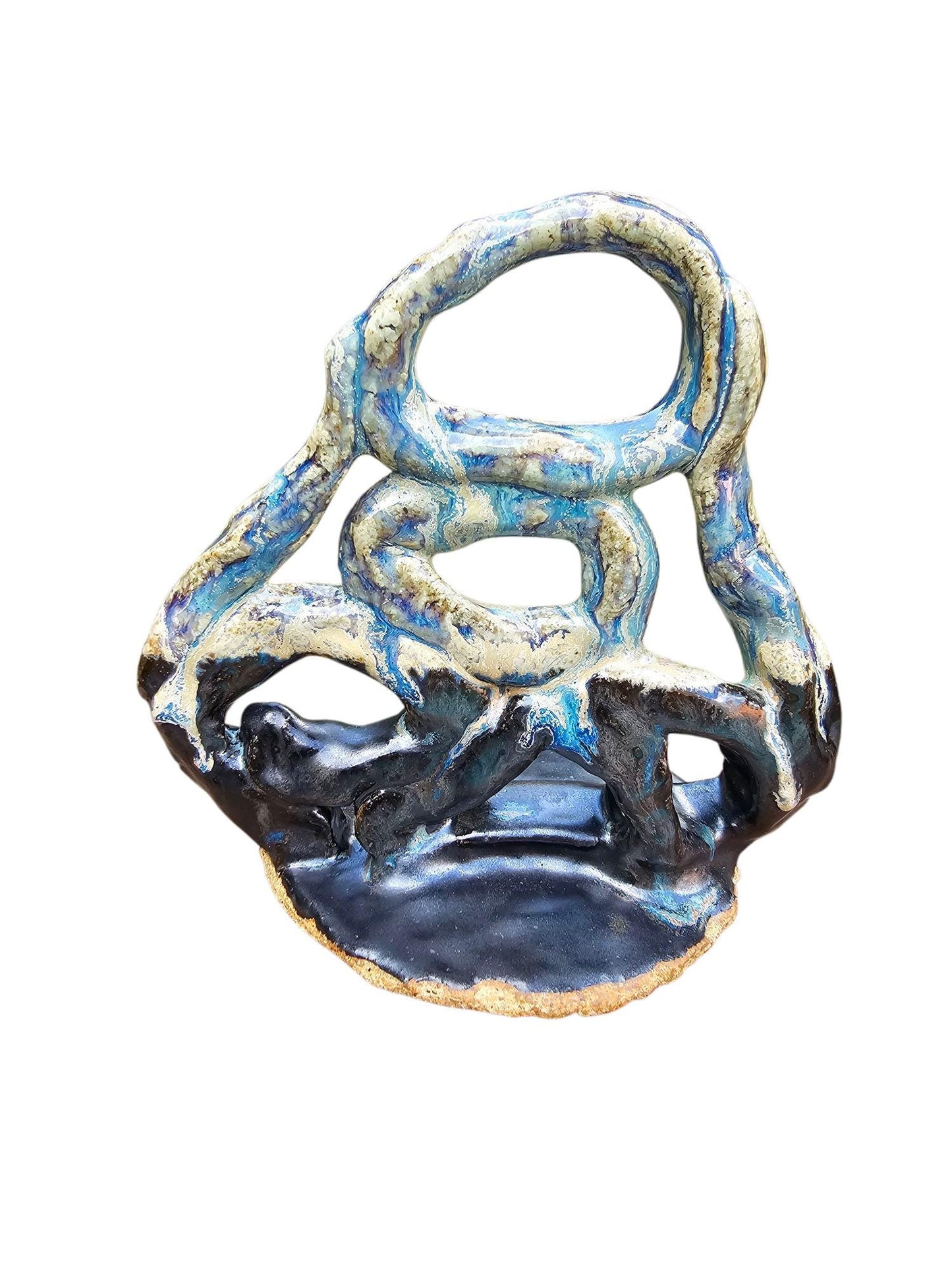 Stoneware Sculpture: Abstract Ceramic Centerpiece, Blue & Black Glaze