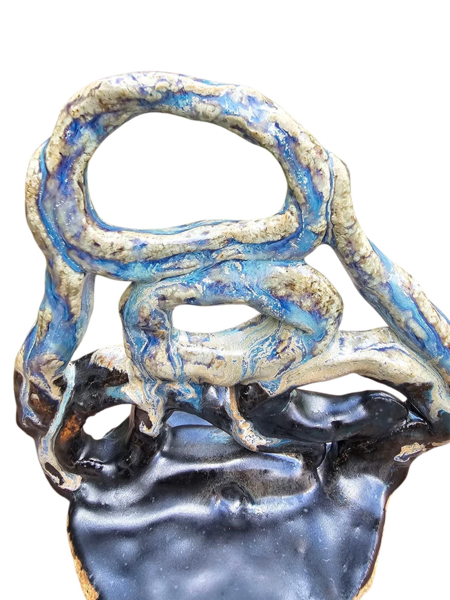 Stoneware Sculpture: Abstract Ceramic Centerpiece, Blue & Black Glaze
