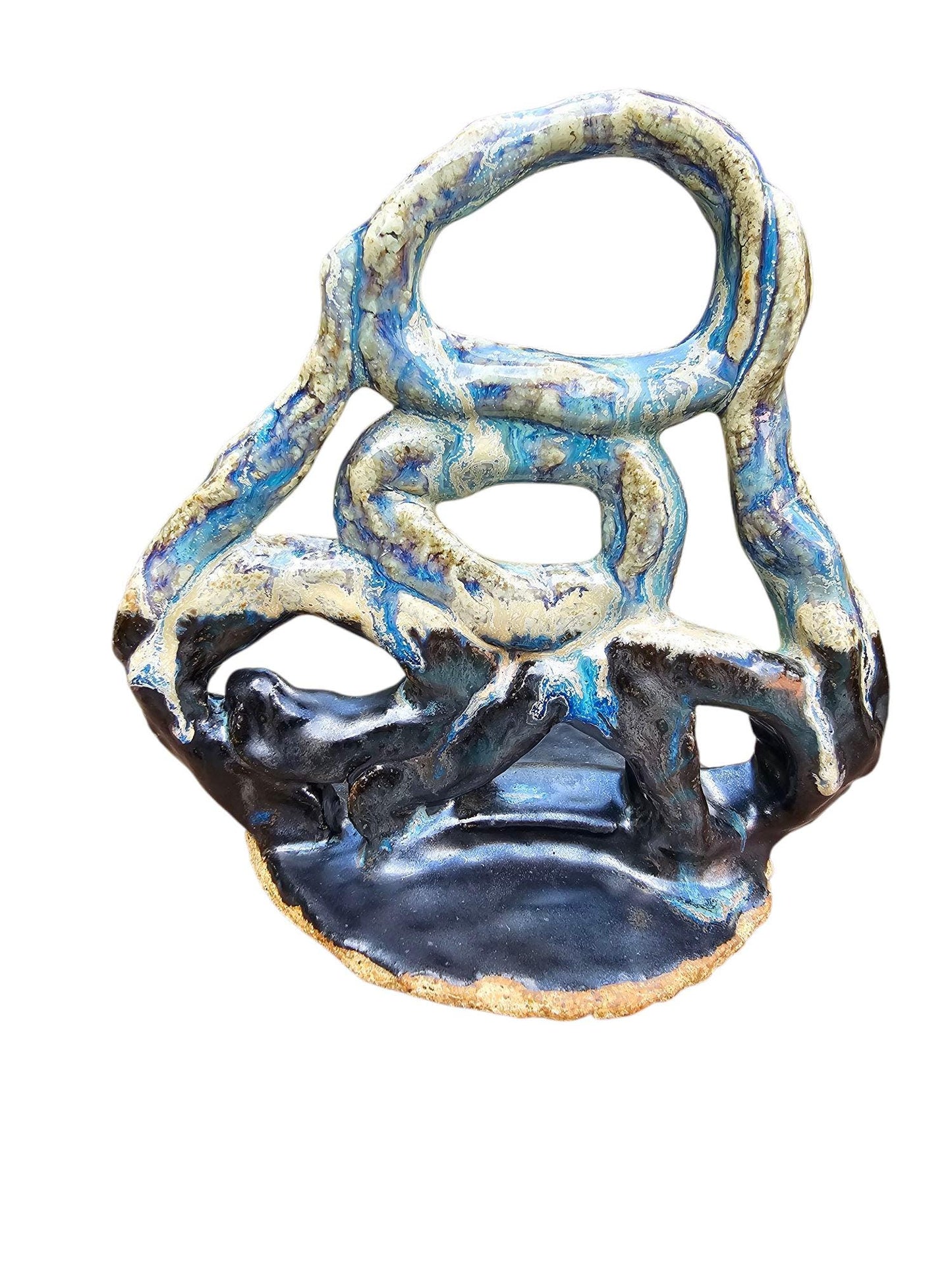 Stoneware Sculpture: Abstract Ceramic Centerpiece, Blue & Black Glaze