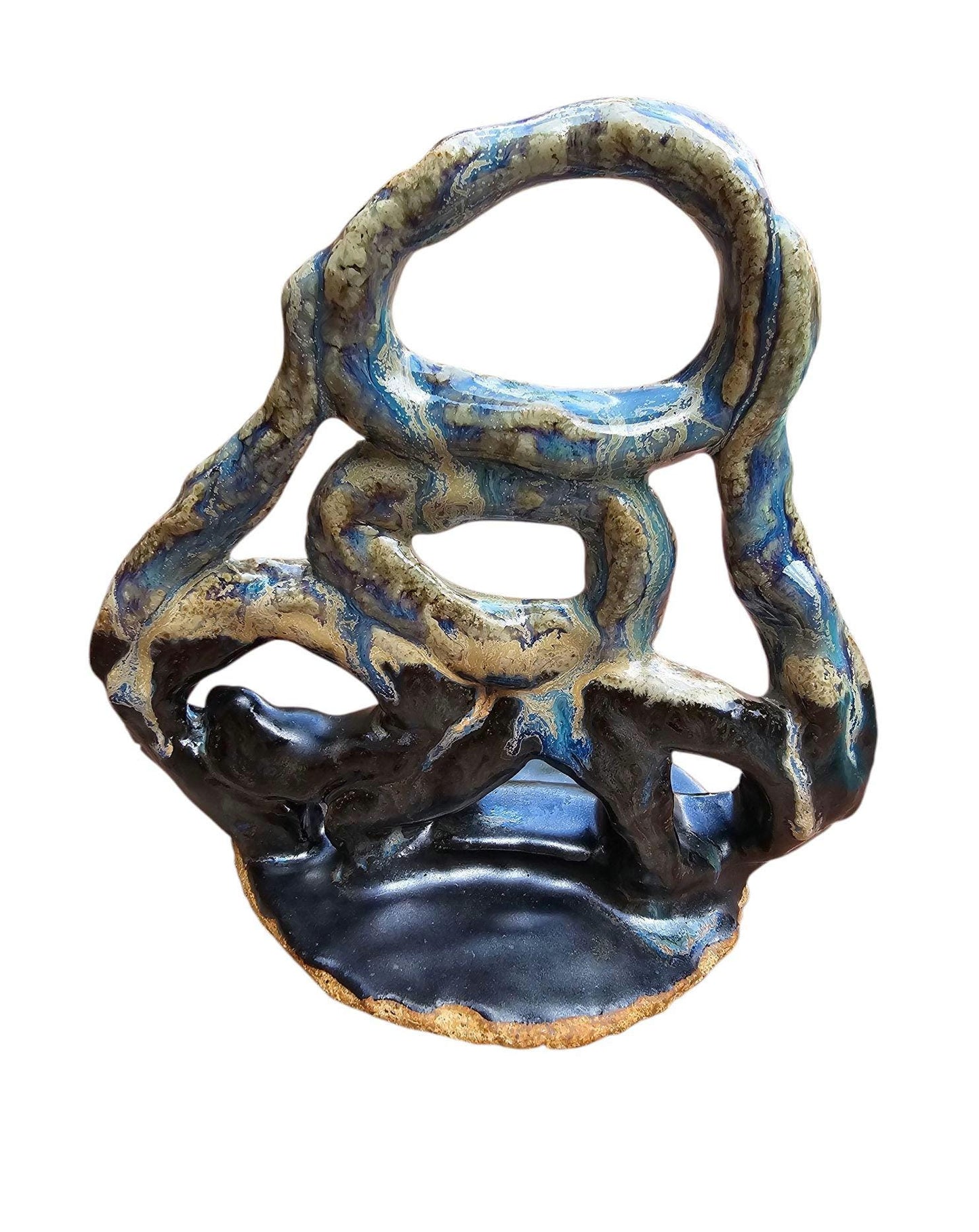 Stoneware Sculpture: Abstract Ceramic Centerpiece, Blue & Black Glaze