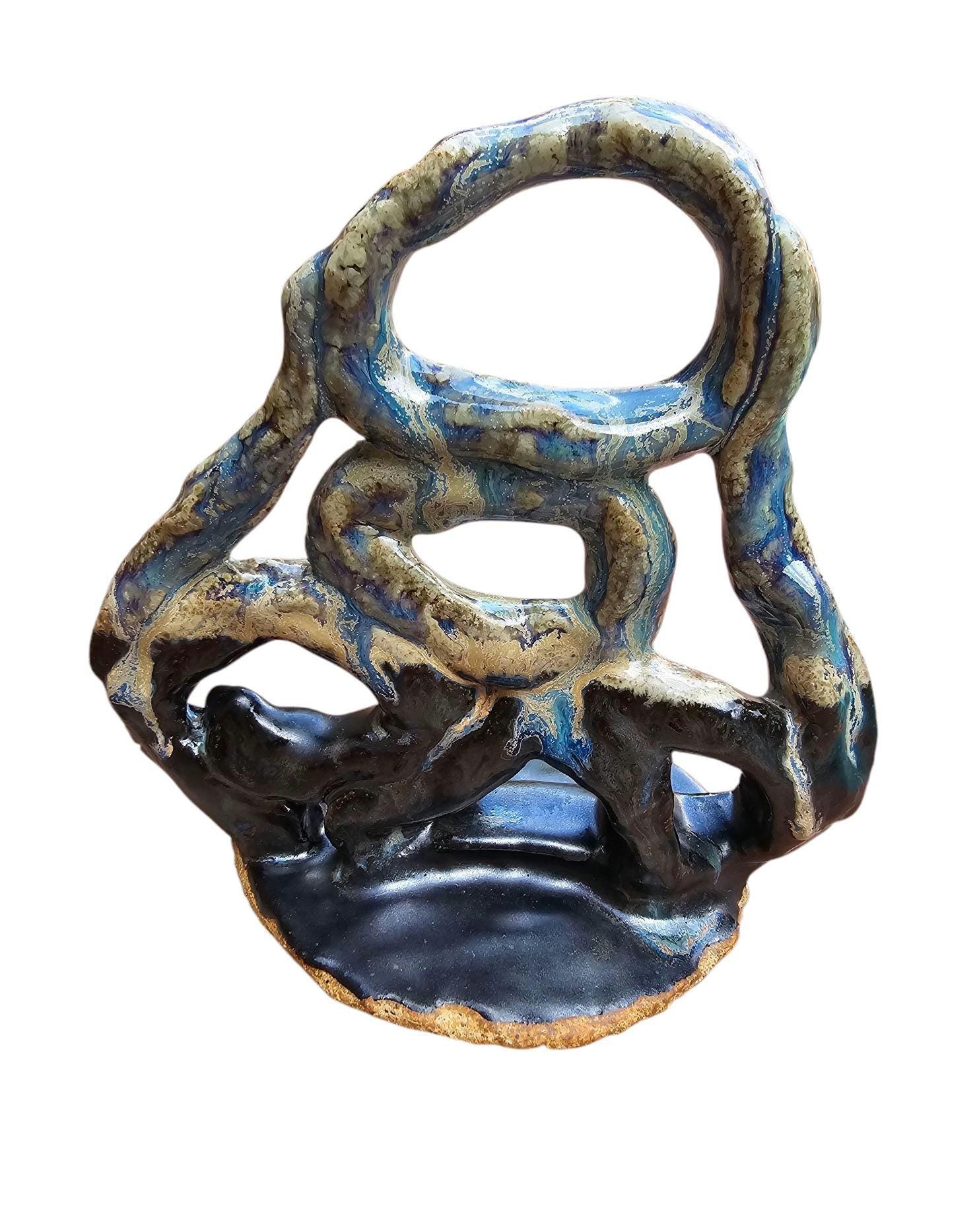 Stoneware Sculpture: Abstract Ceramic Centerpiece, Blue & Black Glaze