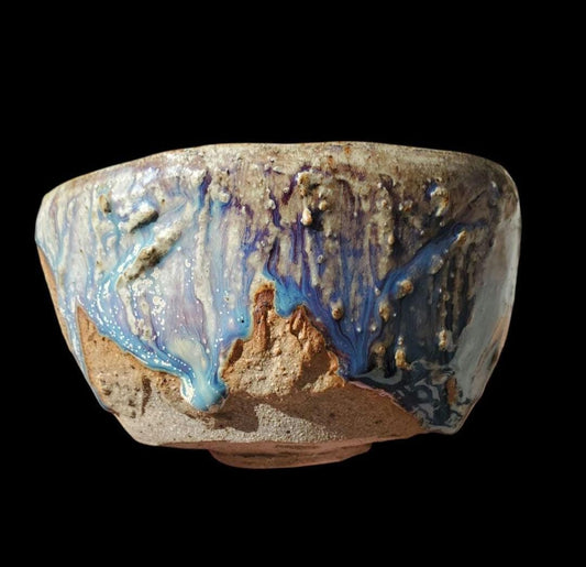 Drippy Blue Purple Stoneware Chawan: Wheel Thrown matcha Teabowl Gas Fired