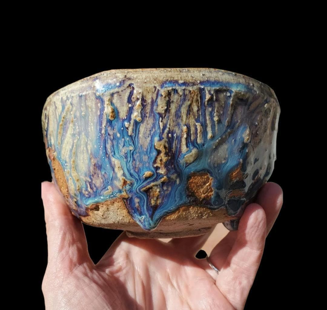 Drippy Blue Purple Stoneware Chawan: Wheel Thrown matcha Teabowl Gas Fired