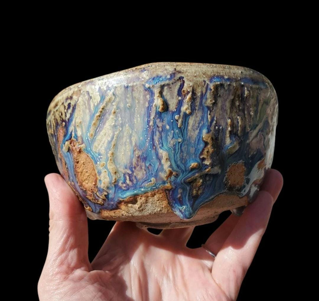 Drippy Blue Purple Stoneware Chawan: Wheel Thrown matcha Teabowl Gas Fired