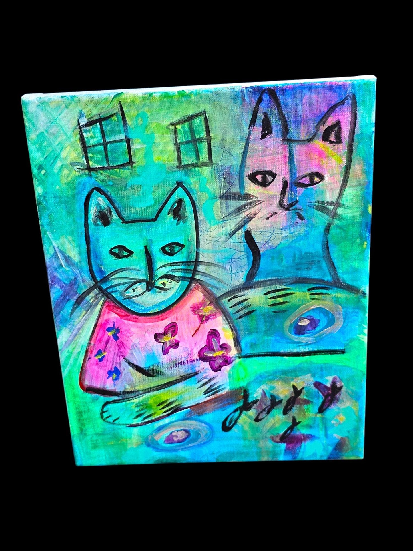 Original Hawaiian Cats Acrylic Painting: Colorful Abstract Art (11x14)
