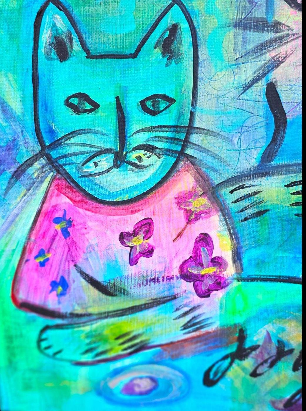 Original Hawaiian Cats Acrylic Painting: Colorful Abstract Art (11x14)