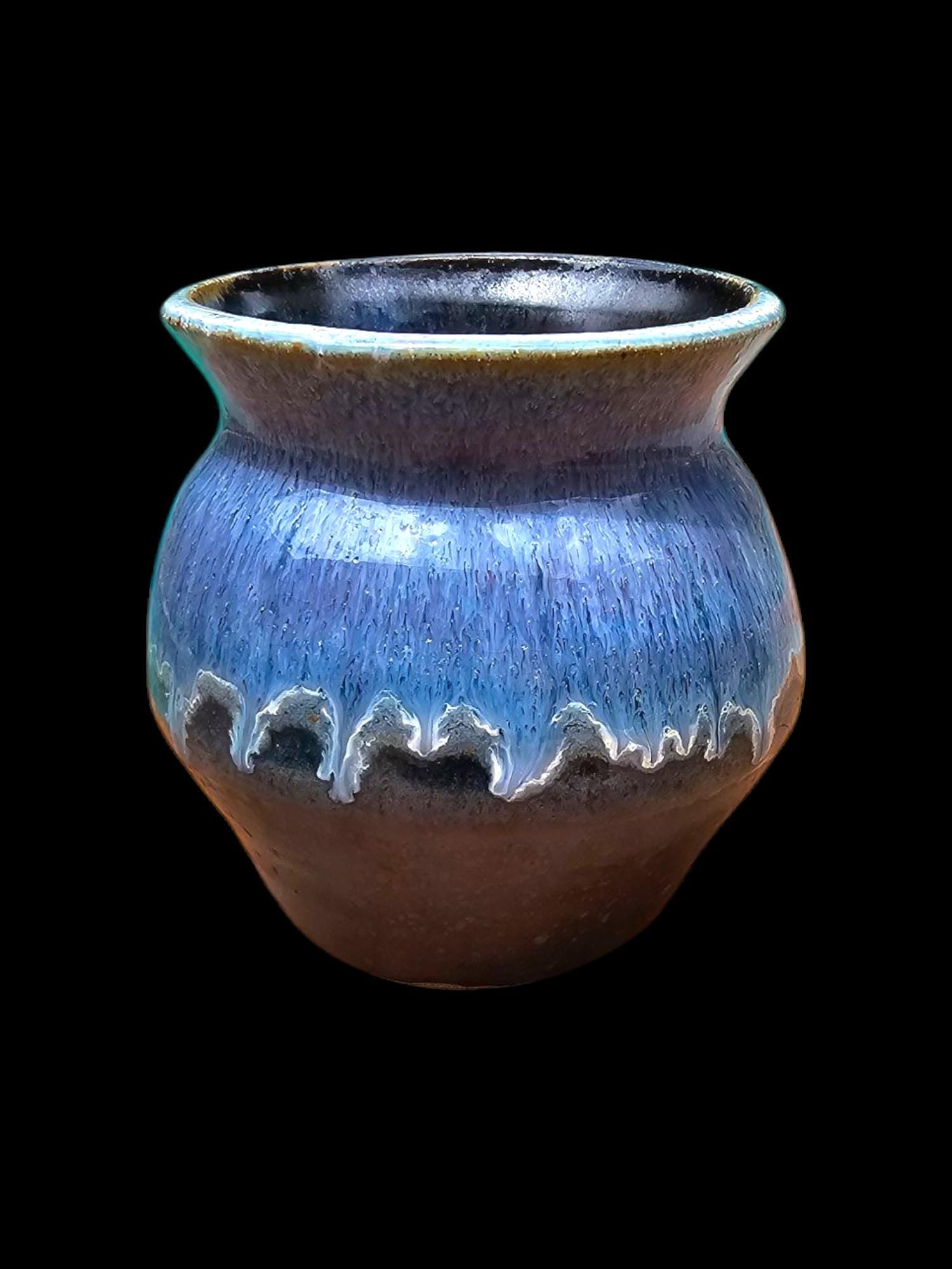 Signed Stoneware Vase: Purple Drip Glaze Ceramic Sculpture, 5"