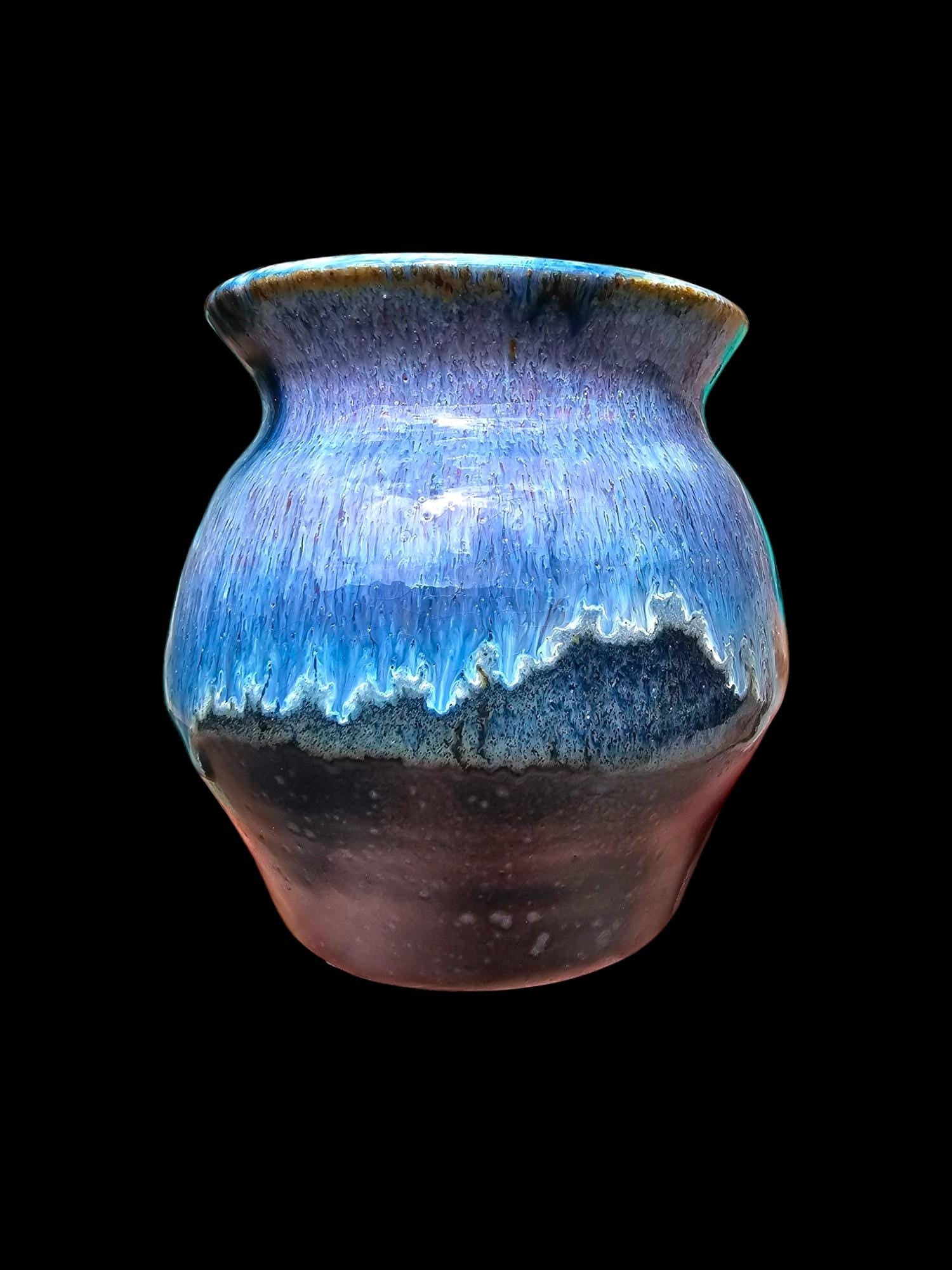 Signed Stoneware Vase: Purple Drip Glaze Ceramic Sculpture, 5"