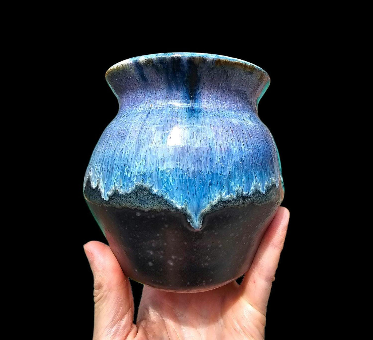 Signed Stoneware Vase: Purple Drip Glaze Ceramic Sculpture, 5"