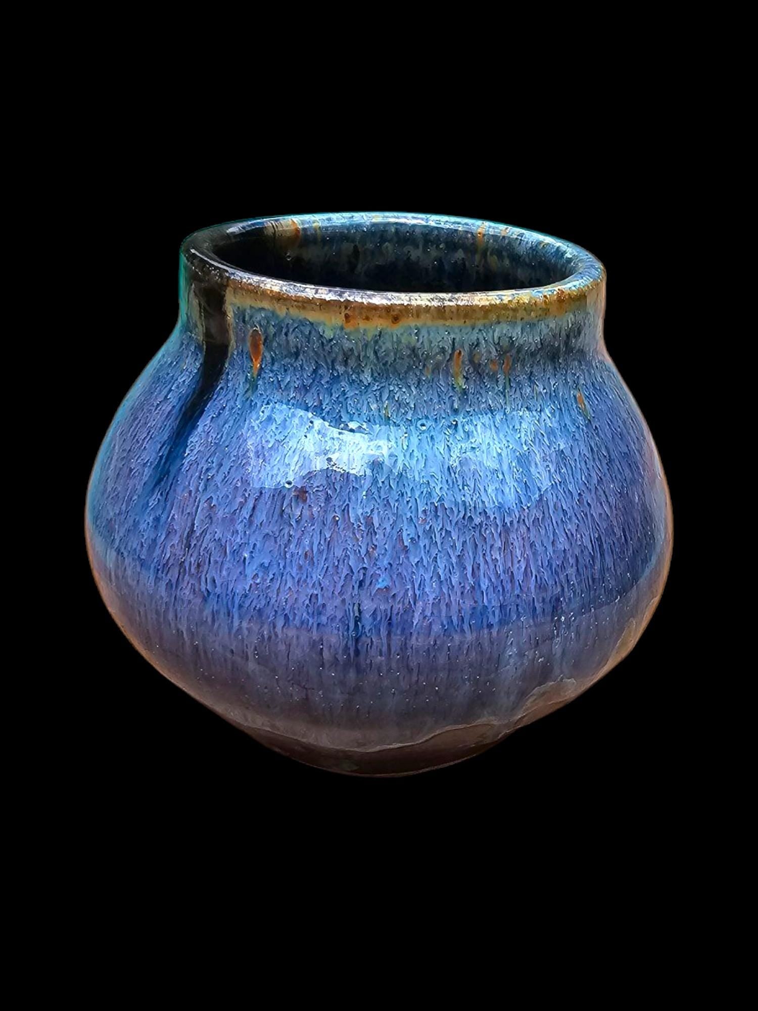Stoneware round Jar: Signed Pottery Vase, Drippy Purple Black Art