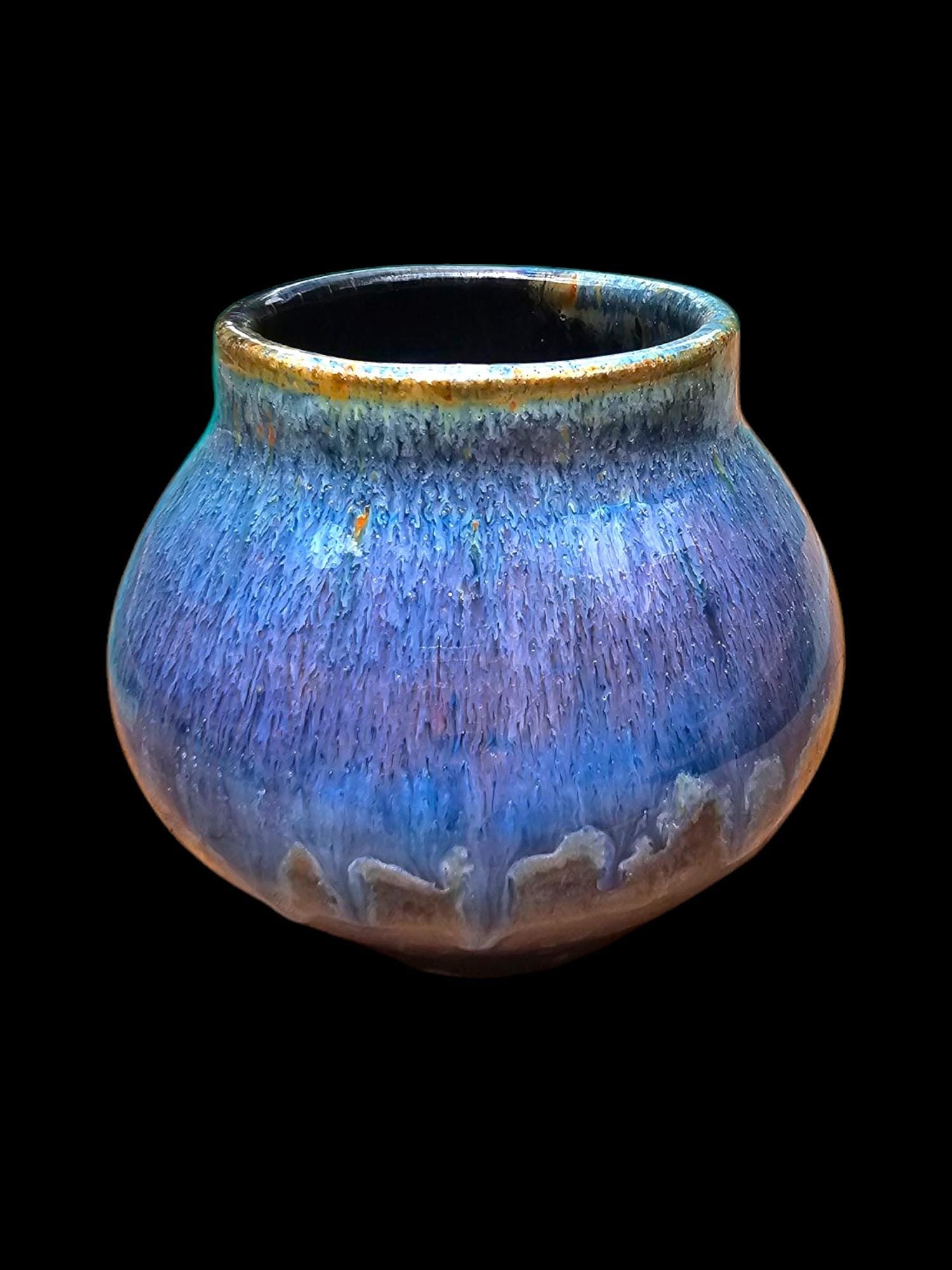 Stoneware round Jar: Signed Pottery Vase, Drippy Purple Black Art
