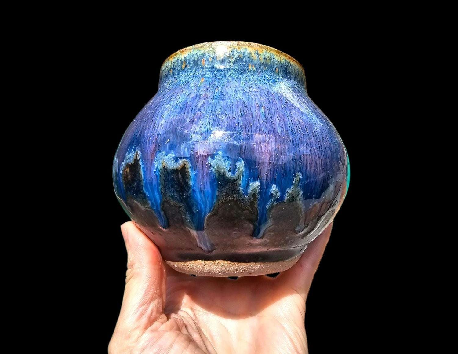 Stoneware round Jar: Signed Pottery Vase, Drippy Purple Black Art