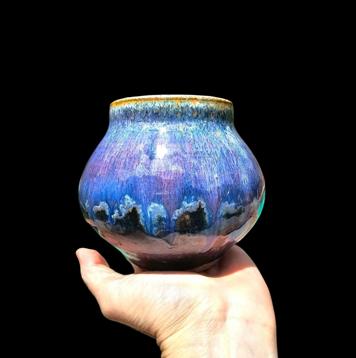 Stoneware round Jar: Signed Pottery Vase, Drippy Purple Black Art