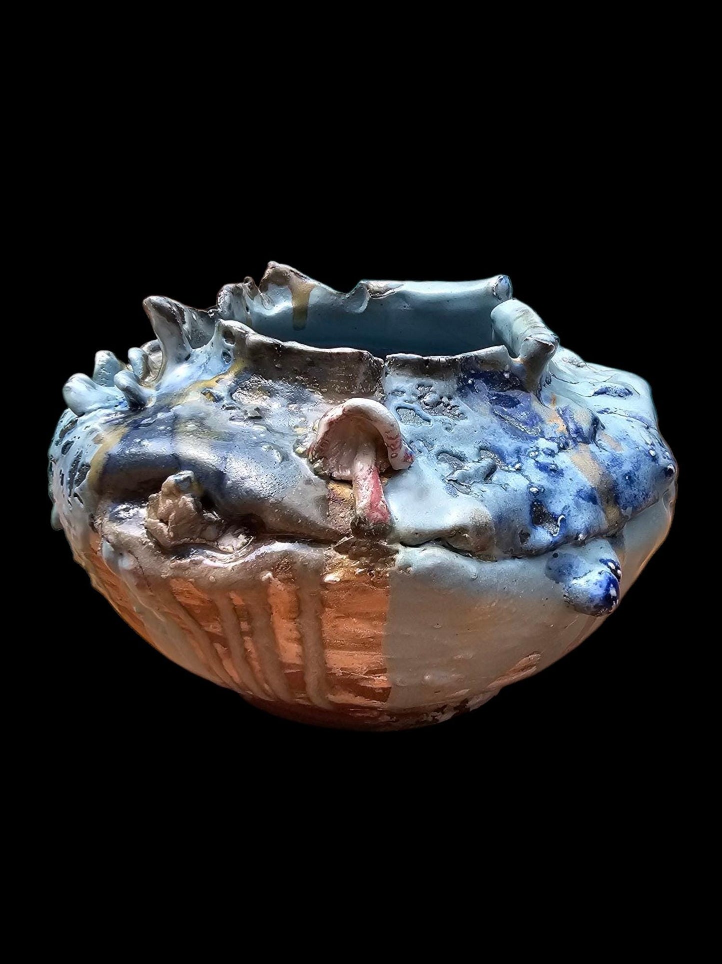 Textured Soda Fired Pottery Sculpture: Blue White Ceramic Vase, Signed