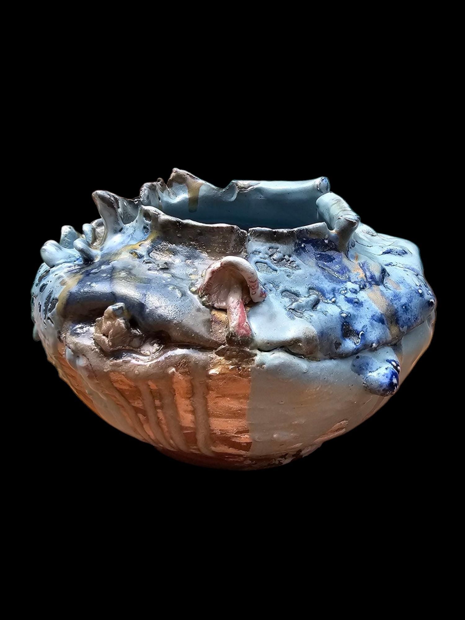 Textured Soda Fired Pottery Sculpture: Blue White Ceramic Vase, Signed