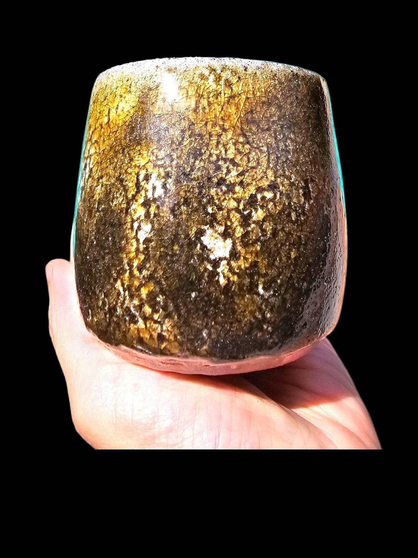 Handmade Soda Fired Shino Cup: Green Mossy Ceramic Pottery (8 oz) Flashing