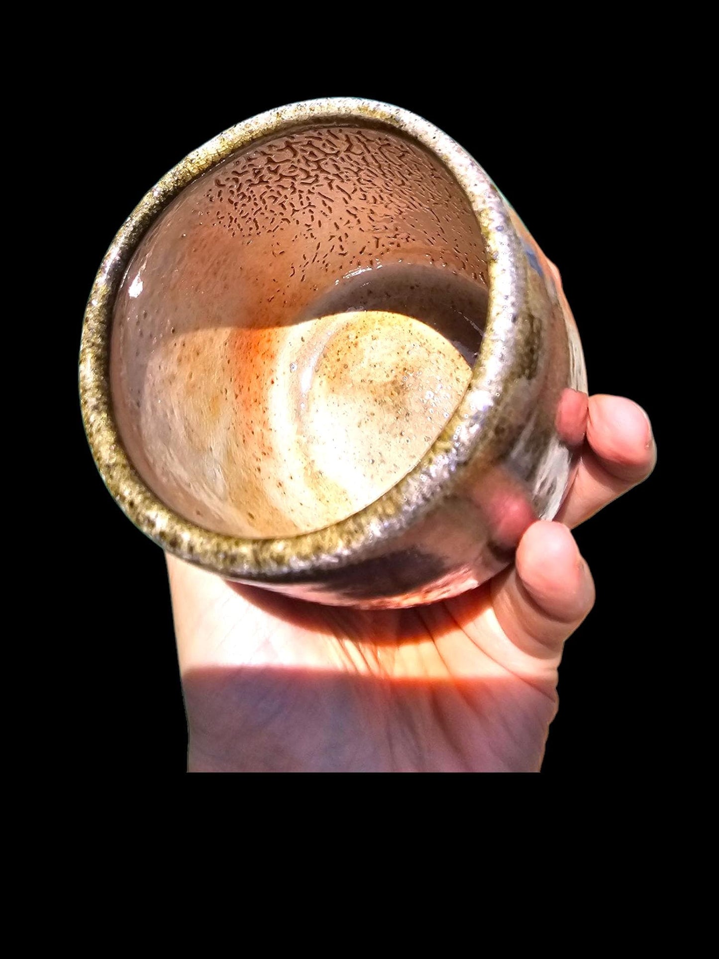 Handmade Soda Fired Shino Cup: Green Mossy Ceramic Pottery (8 oz) Flashing