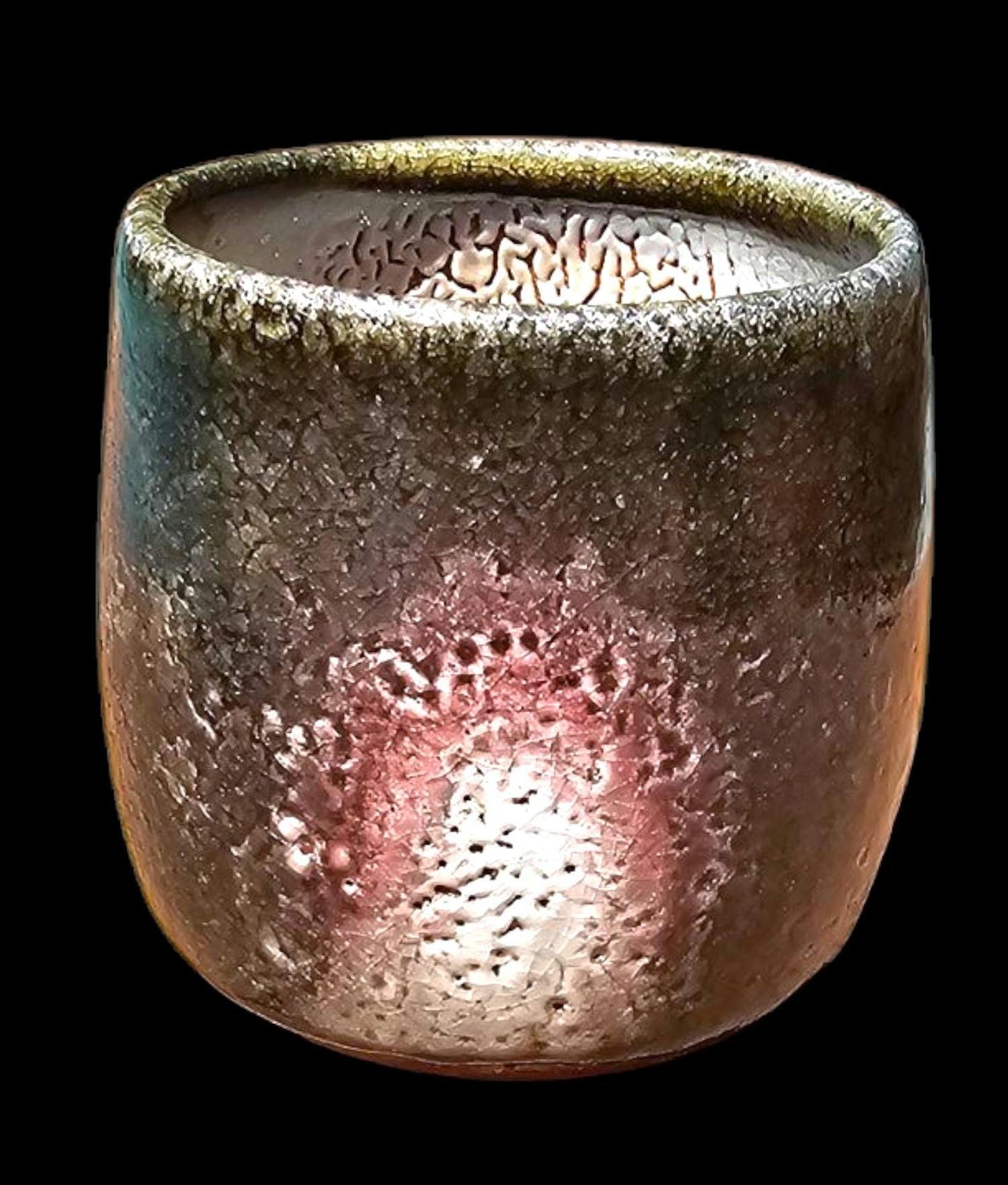 Handmade Soda Fired Shino Cup: Green Mossy Ceramic Pottery (8 oz) Flashing
