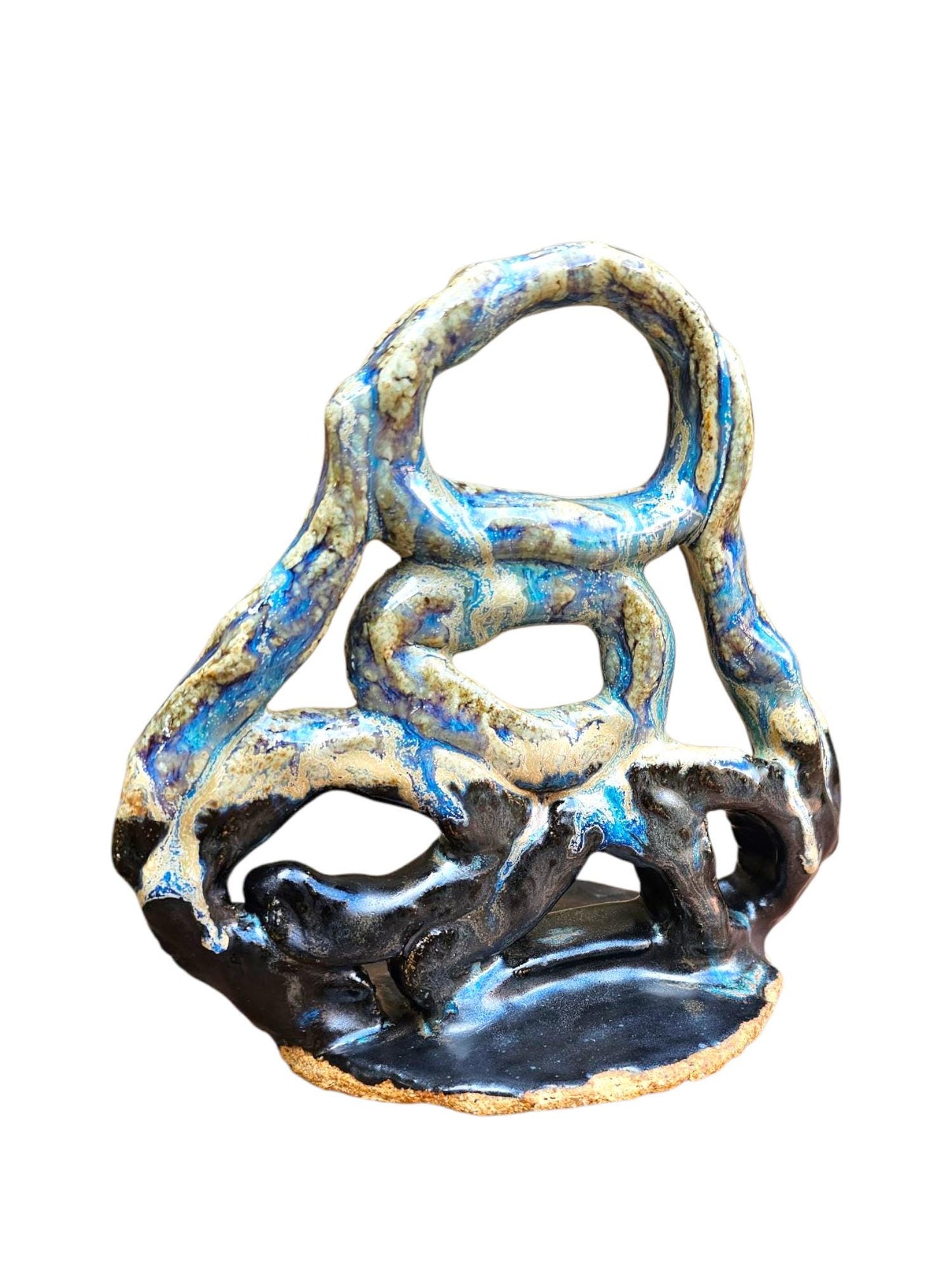 Stoneware Sculpture: Abstract Ceramic Centerpiece, Blue & Black Glaze