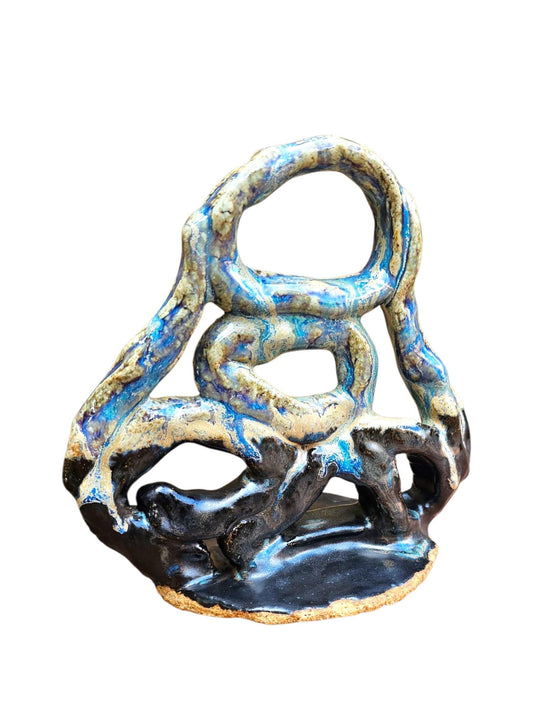 Stoneware Sculpture: Abstract Ceramic Centerpiece, Blue & Black Glaze