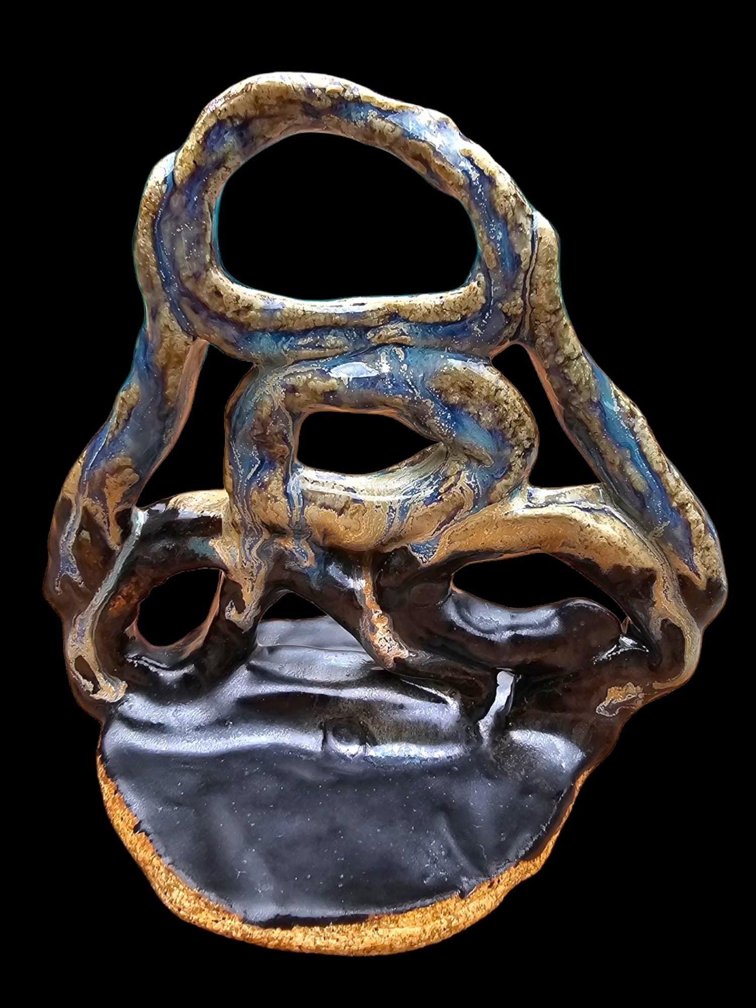 Stoneware Sculpture: Abstract Ceramic Centerpiece, Blue & Black Glaze