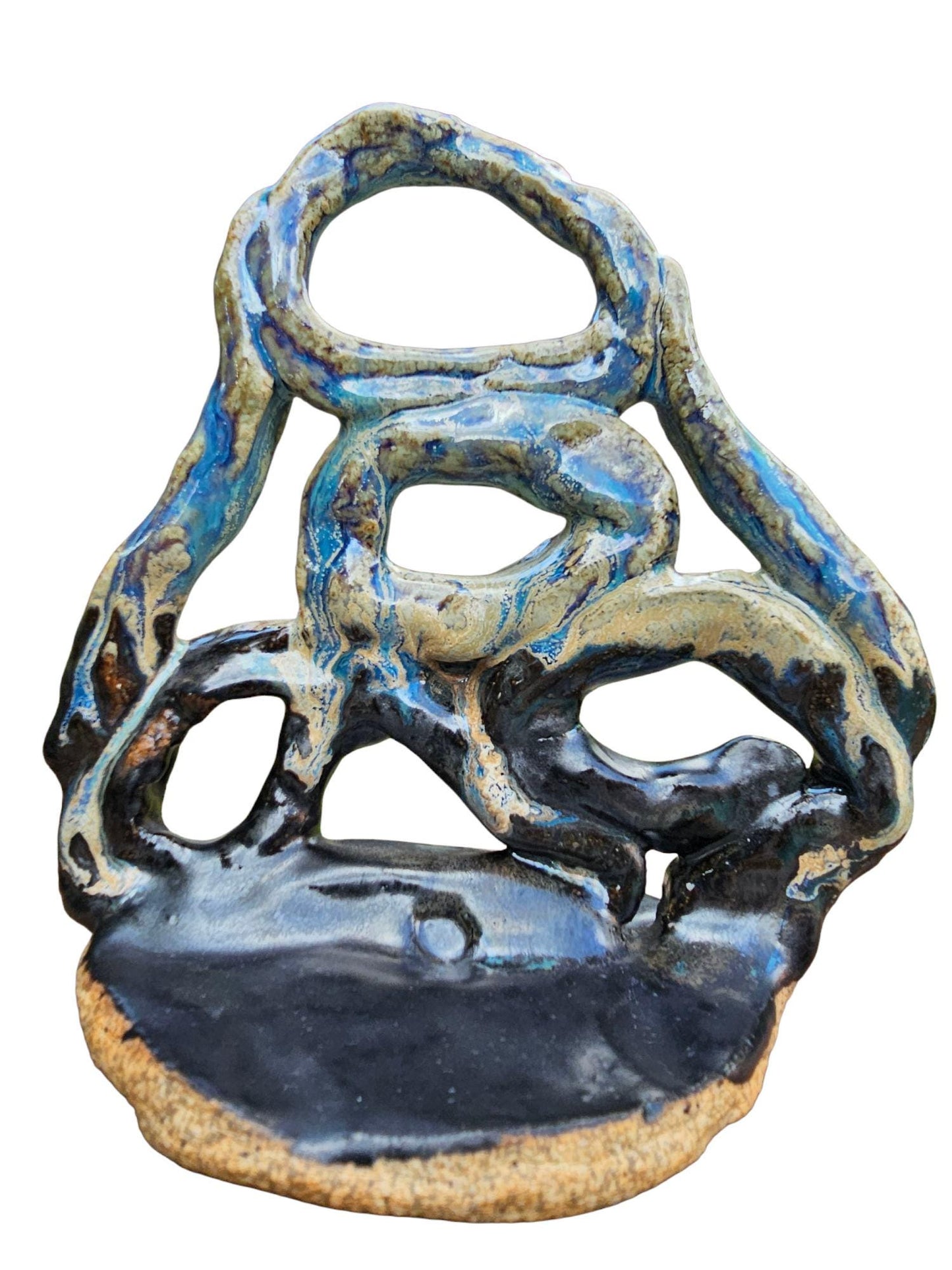 Stoneware Sculpture: Abstract Ceramic Centerpiece, Blue & Black Glaze