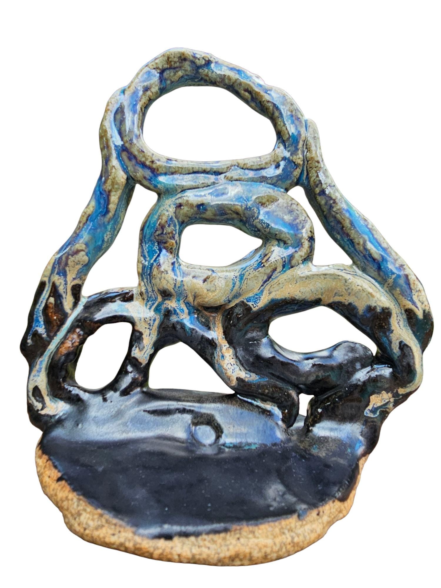 Stoneware Sculpture: Abstract Ceramic Centerpiece, Blue & Black Glaze