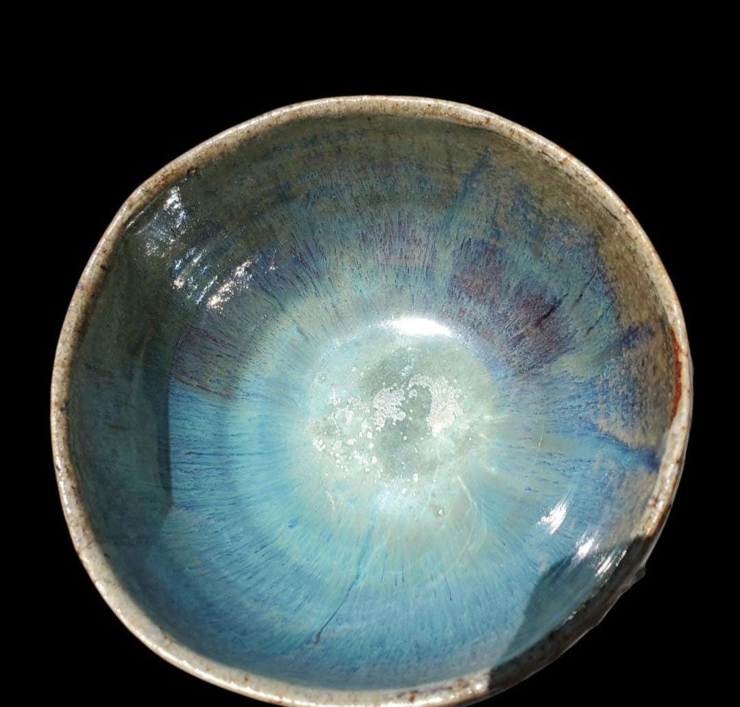 Drippy Blue Purple Stoneware Chawan: Wheel Thrown matcha Teabowl Gas Fired