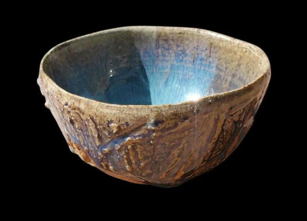 Drippy Blue Purple Stoneware Chawan: Wheel Thrown matcha Teabowl Gas Fired