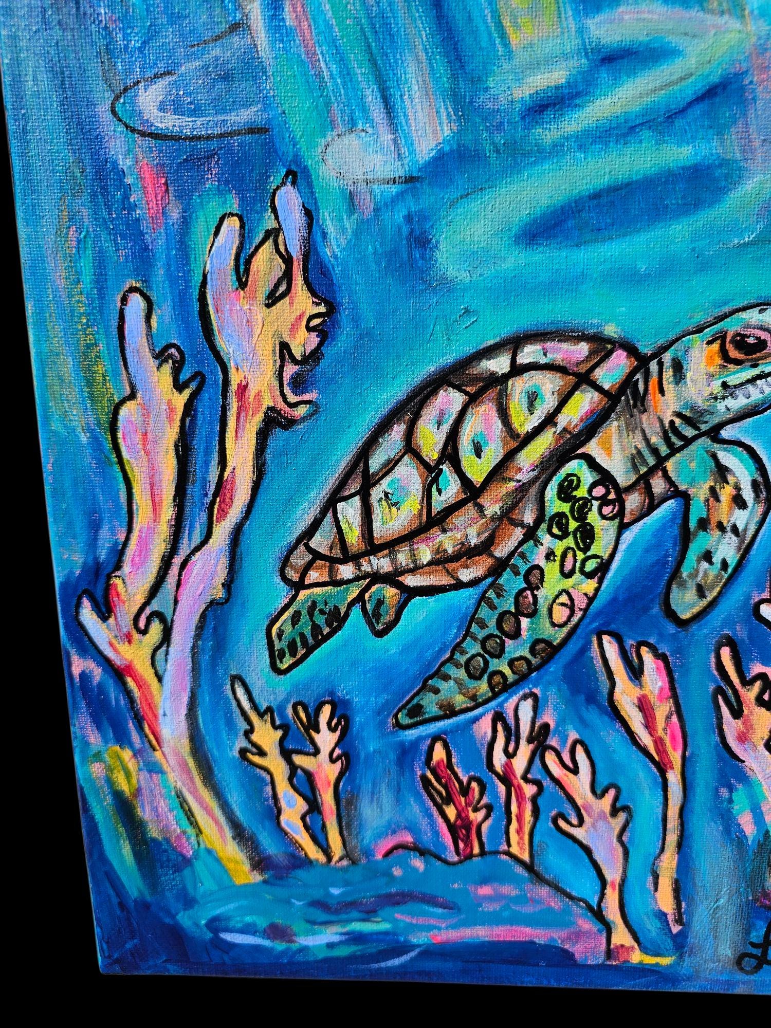 Original Sea Turtle Acrylic Painting: Vibrant Ocean Conservation Art