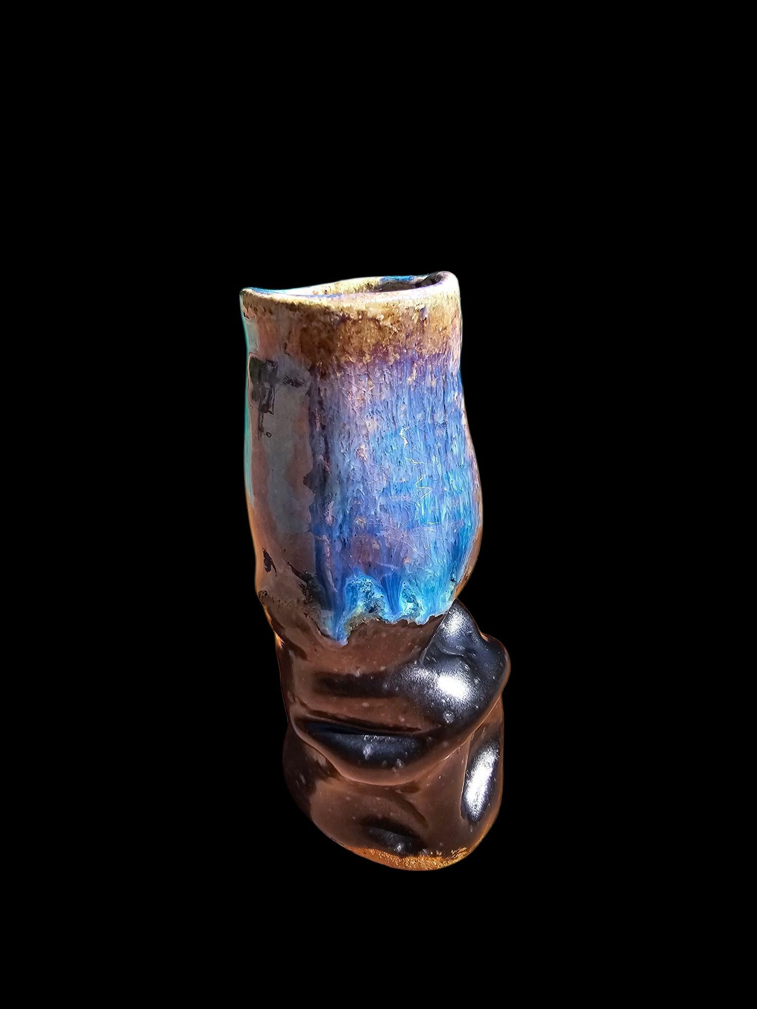 Sea Creature Bud Vase: Stoneware Pottery Sculpture, Black and Blue