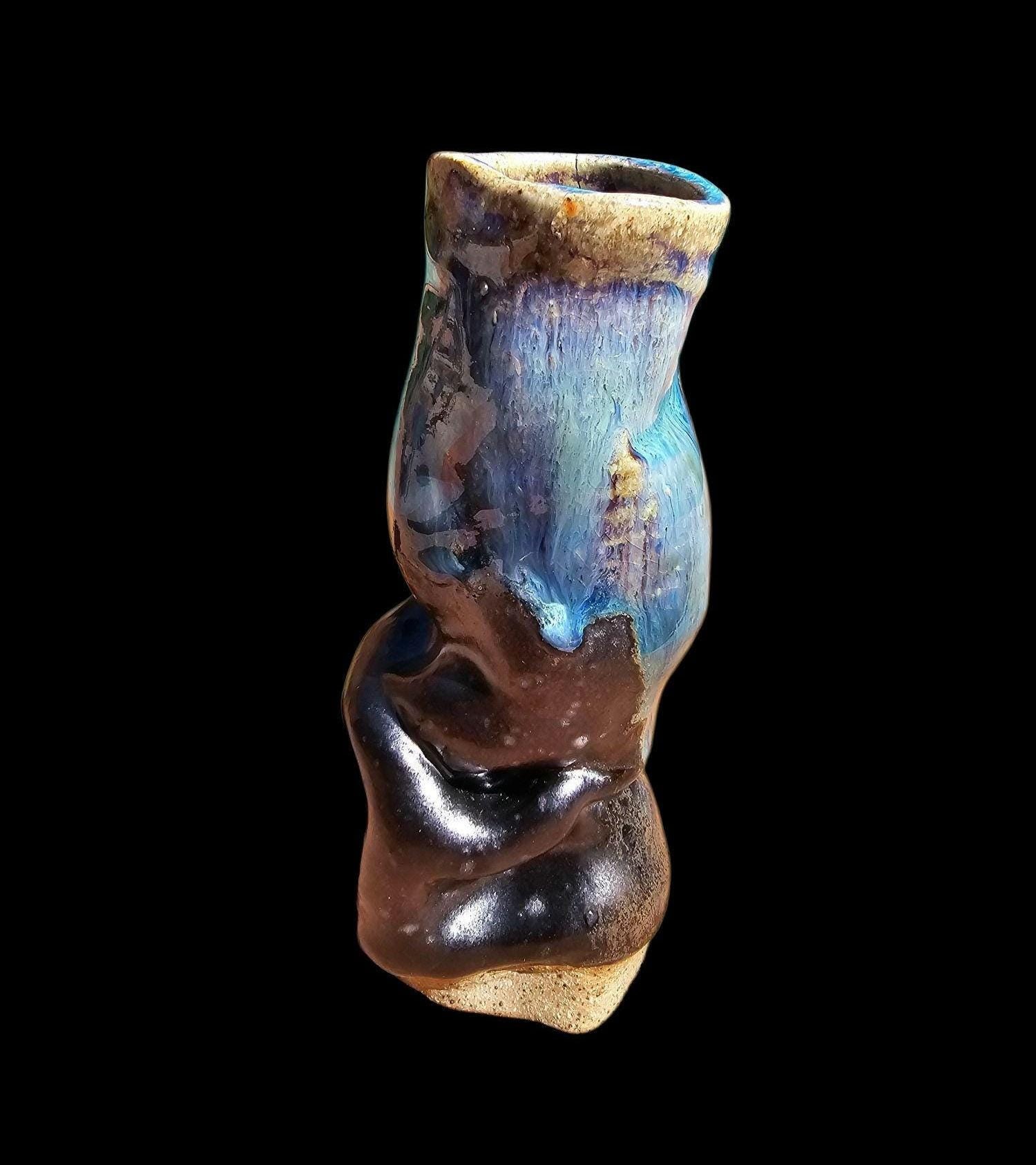 Sea Creature Bud Vase: Stoneware Pottery Sculpture, Black and Blue
