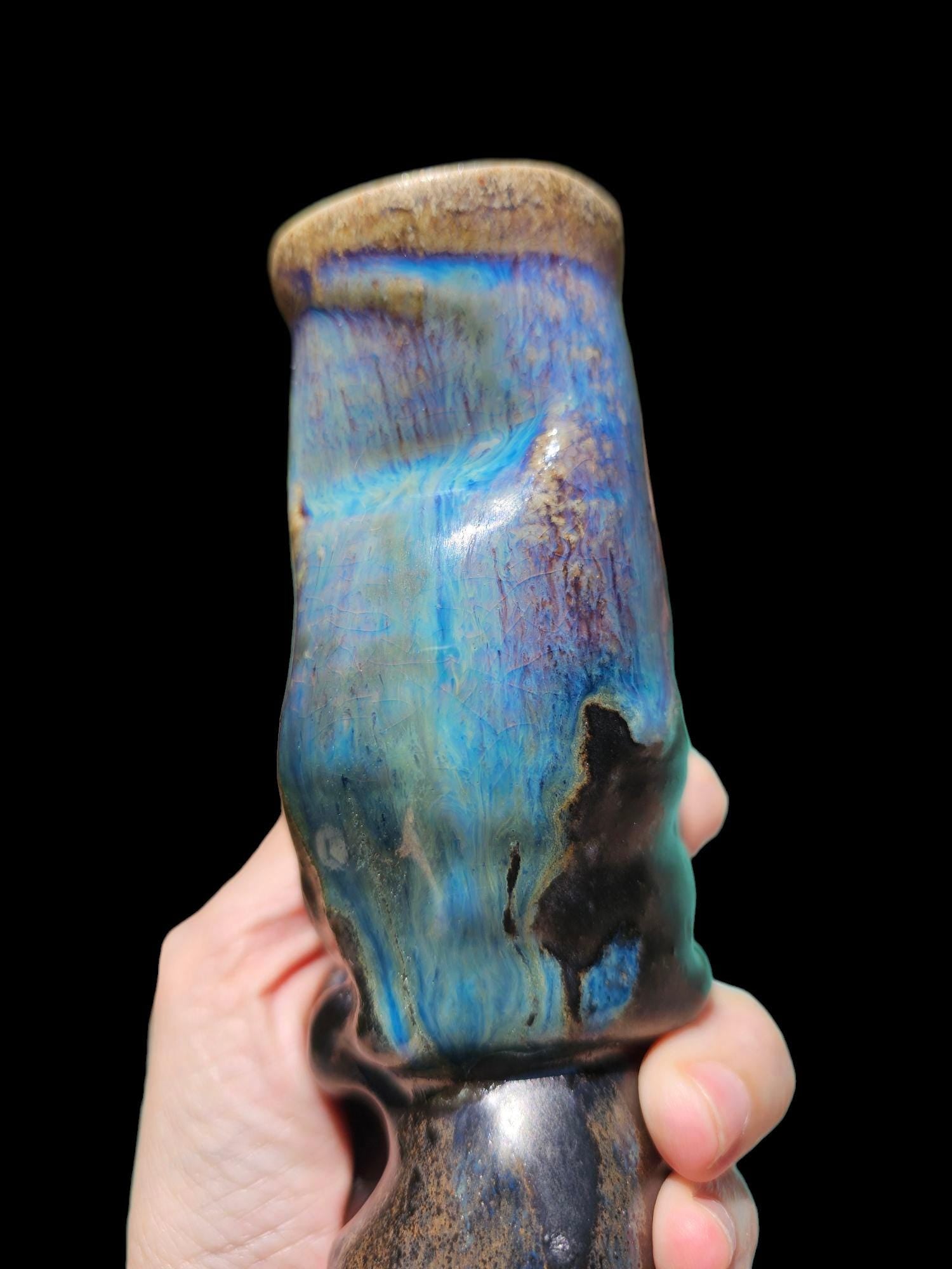 Sea Creature Bud Vase: Stoneware Pottery Sculpture, Black and Blue