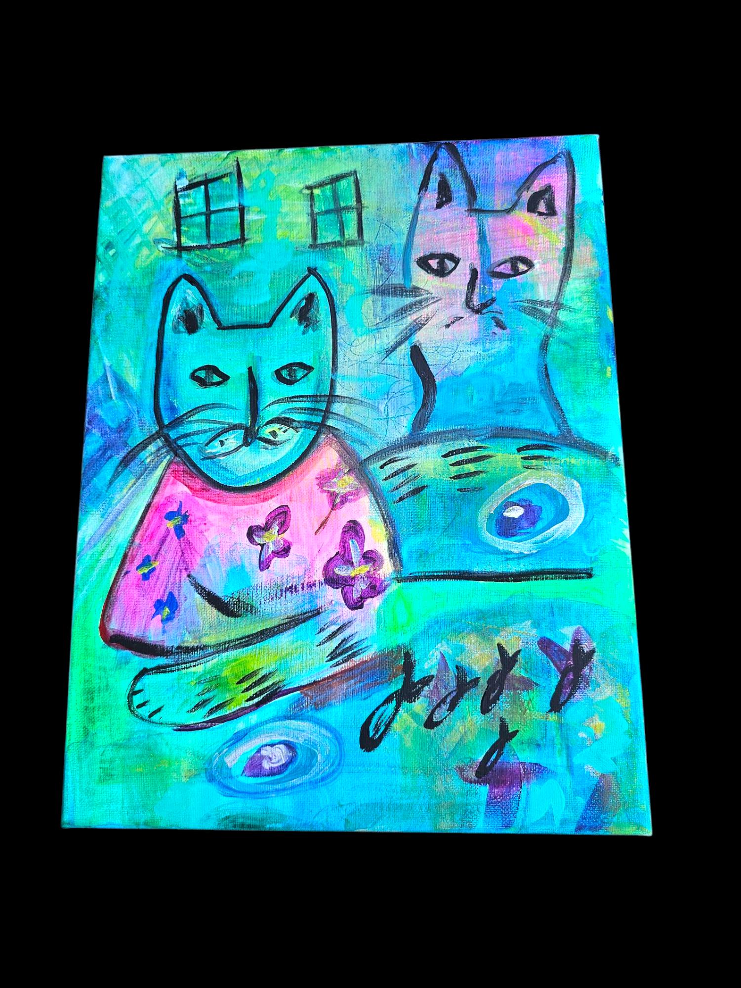Original Hawaiian Cats Acrylic Painting: Colorful Abstract Art (11x14)
