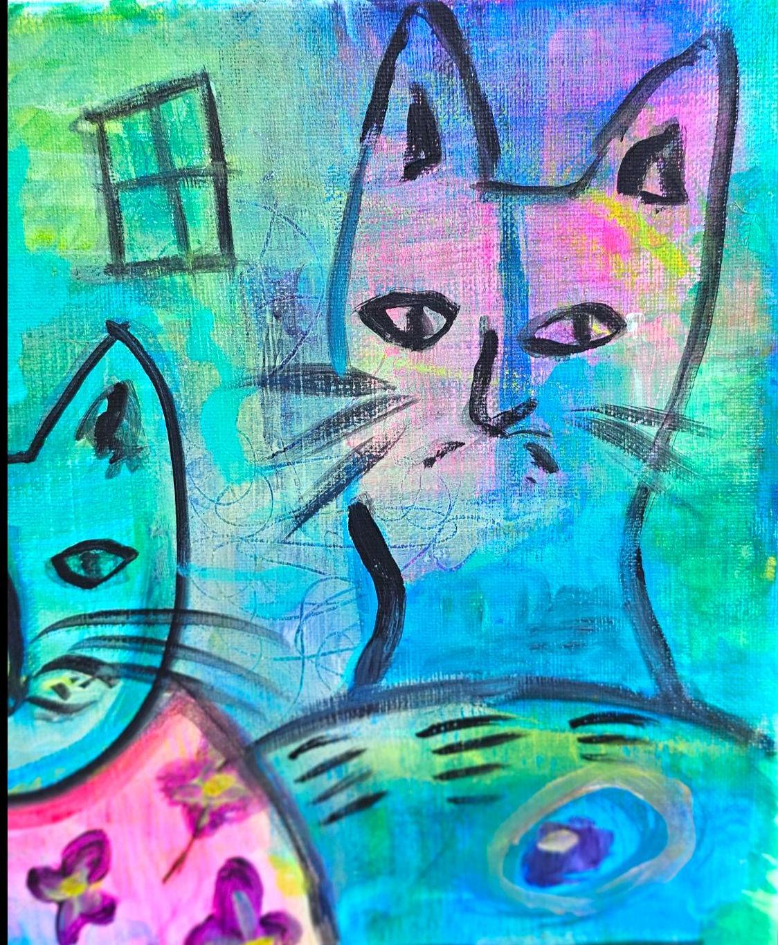 Original Hawaiian Cats Acrylic Painting: Colorful Abstract Art (11x14)