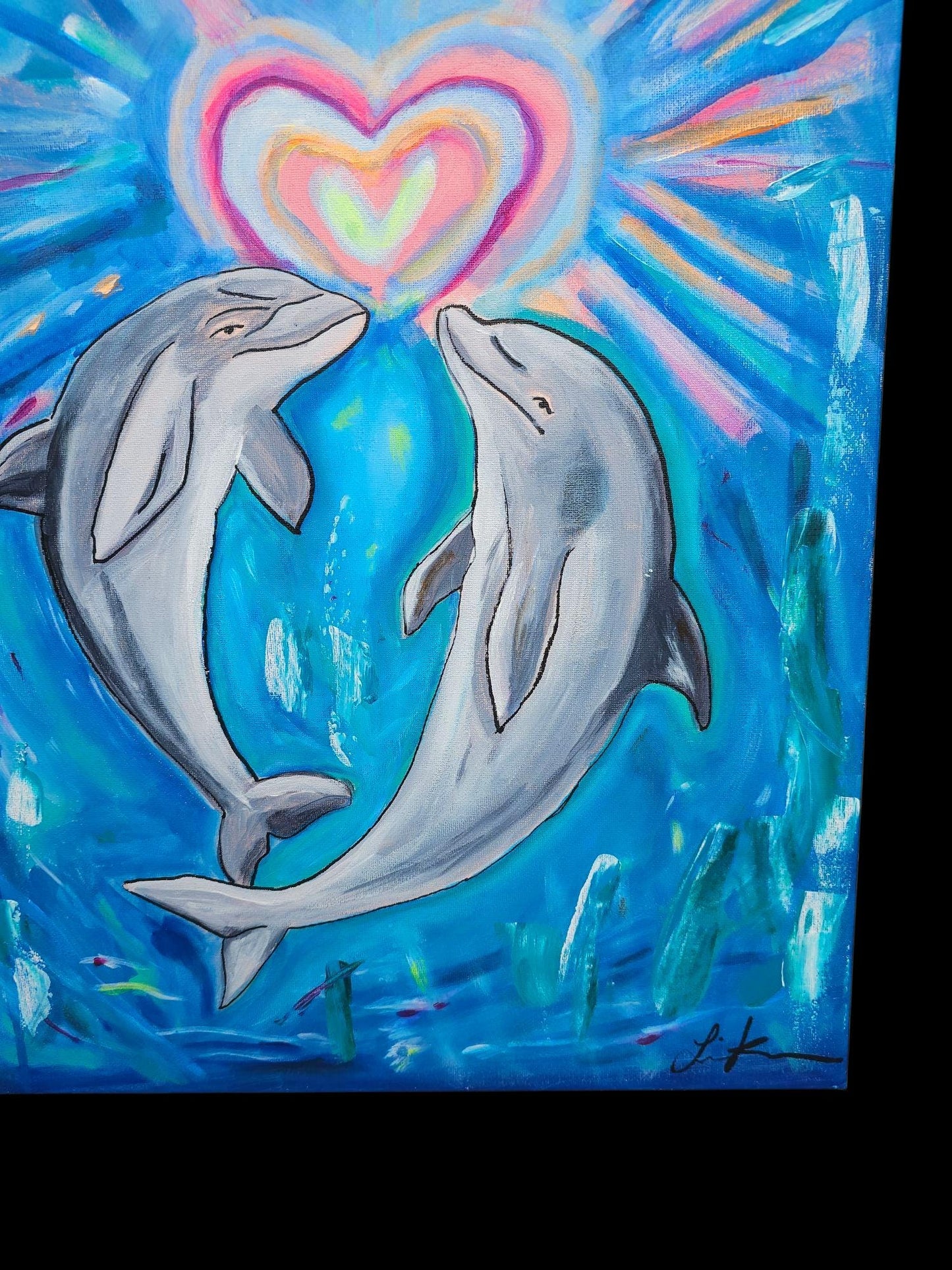 Underwater Romance Painting: Original Dolphin Acrylic Art, 16x20