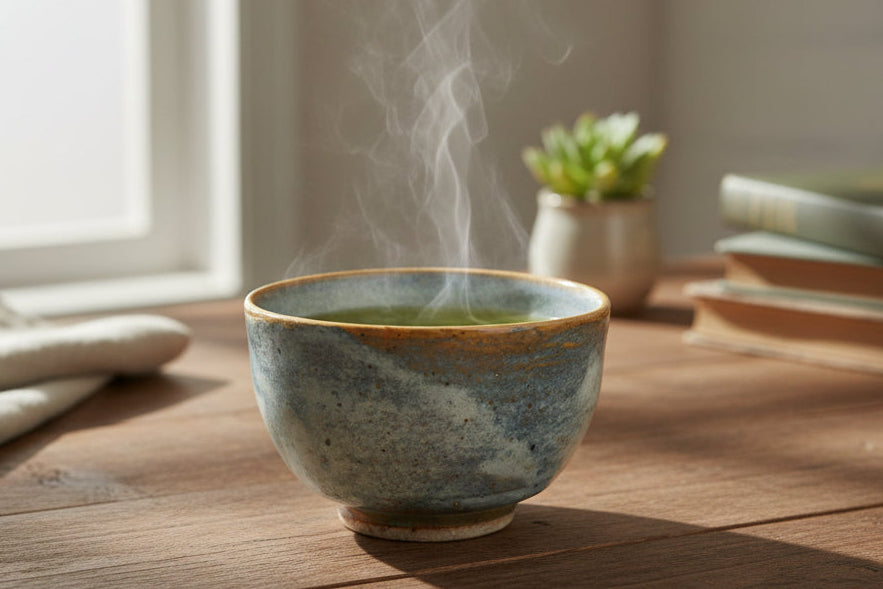Blue Rutile Glaze Stoneware Chawan Tea Bowl: Footed Ceramic Art