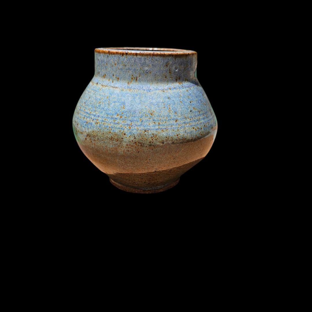 Handmade Blue Rutile Glaze Vase: Signed Ceramic Moon Jar