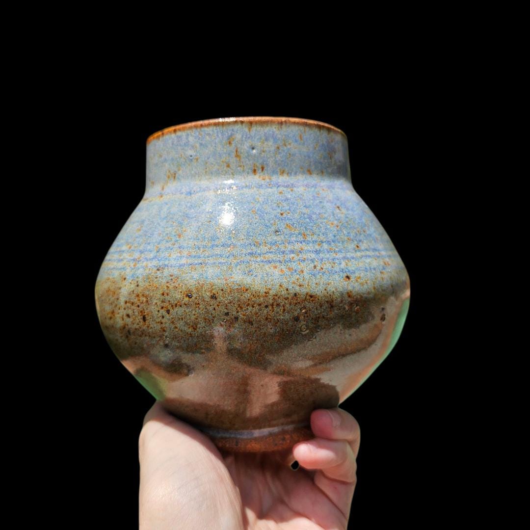 Handmade Blue Rutile Glaze Vase: Signed Ceramic Moon Jar