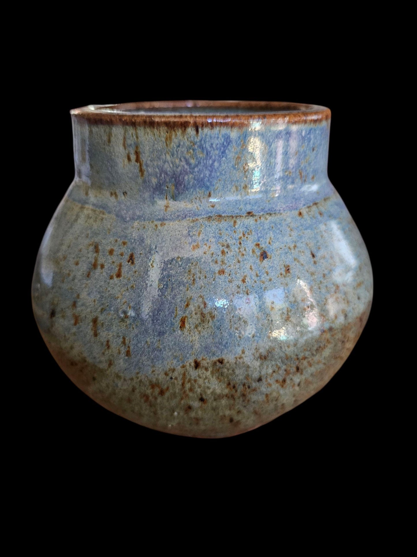 Handmade Blue Rutile Glaze Vase: Signed Ceramic Moon Jar